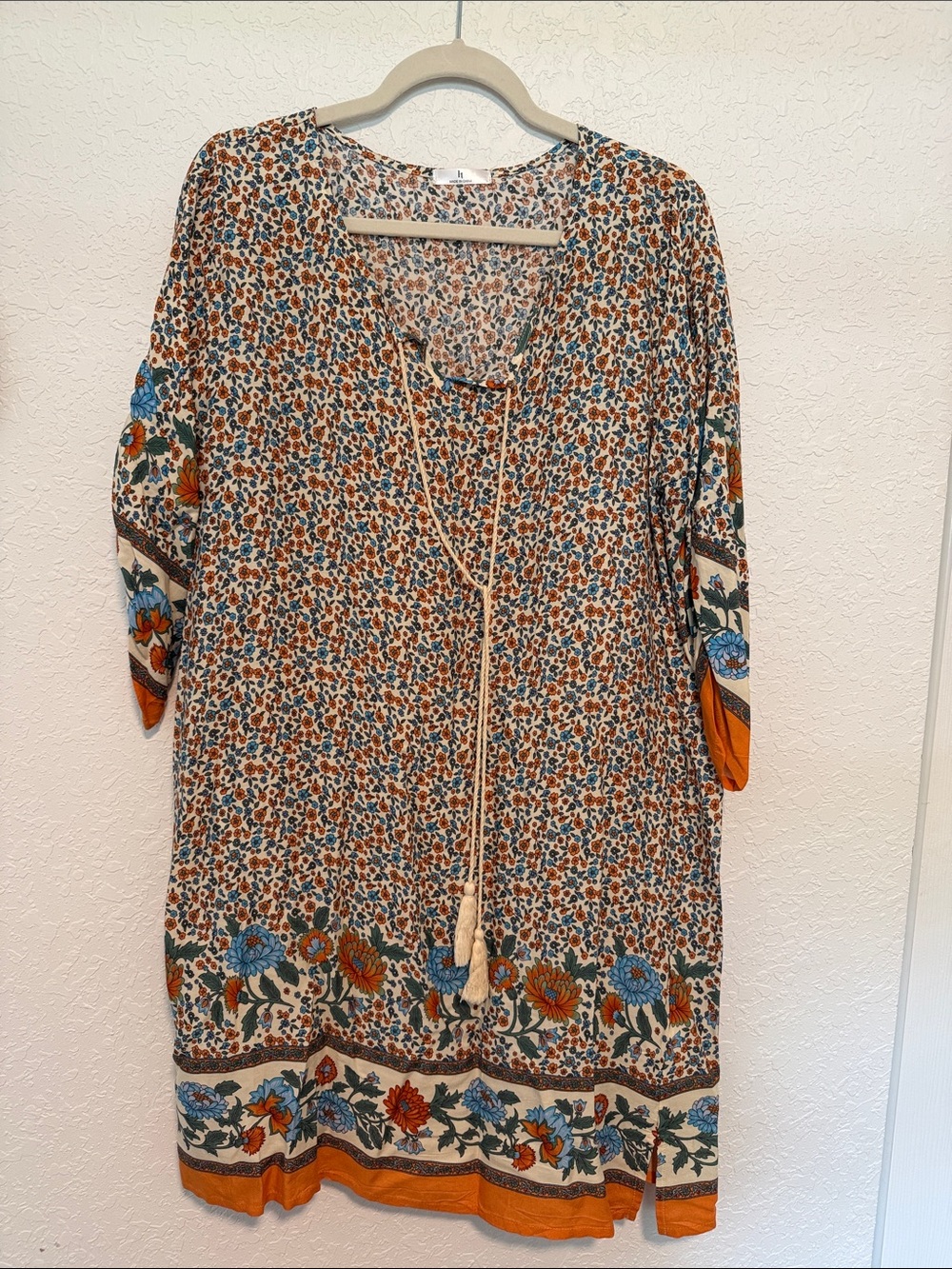 Floral Border Midi Dress with Tassel Tie in Multicolor